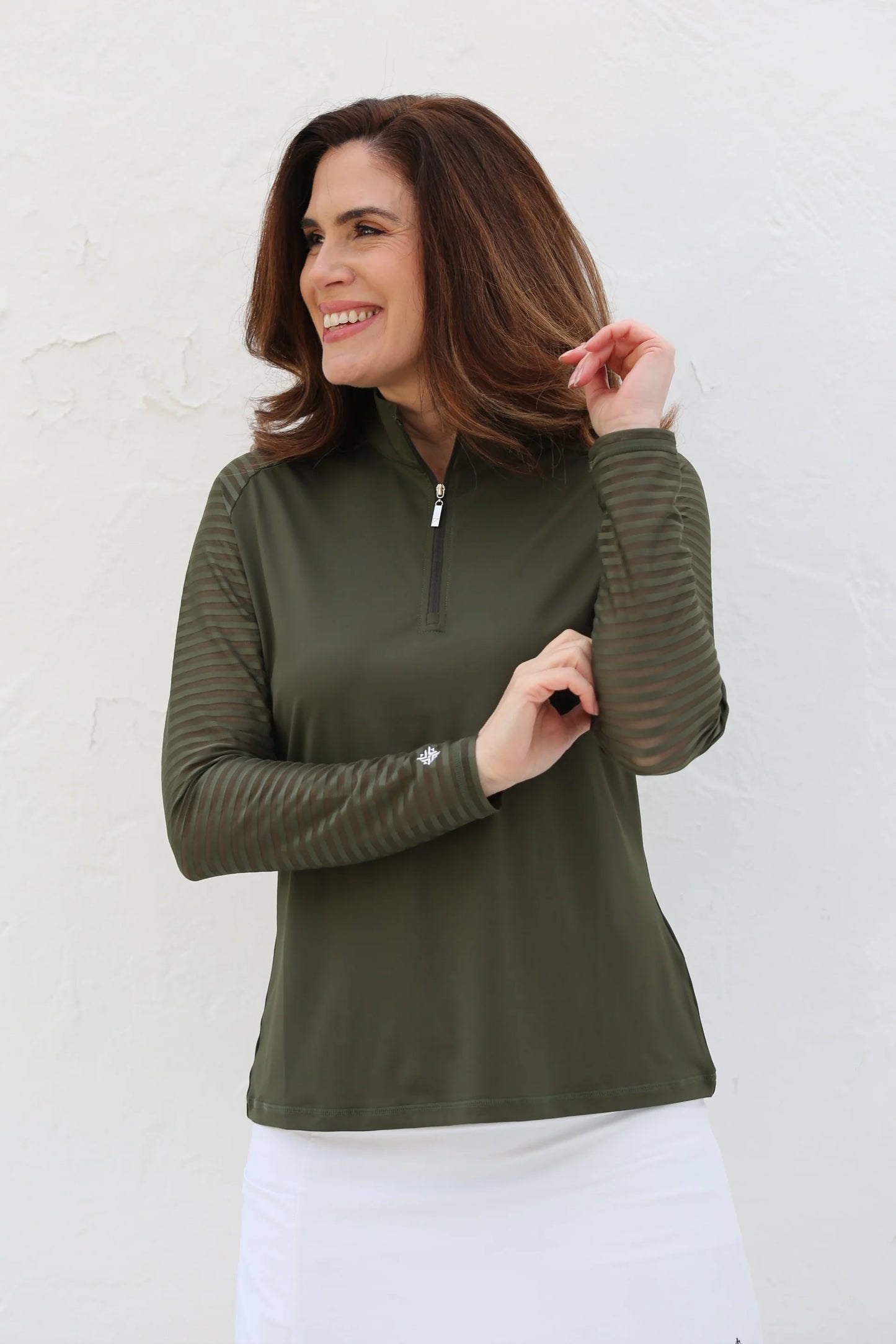 Ladder Design / Sheer Long Sleeve Golf Shirt - Moss
