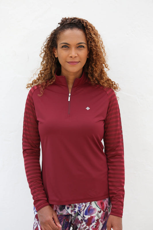 Ladder Design / Sheer Long Sleeve Golf Shirt - Claret