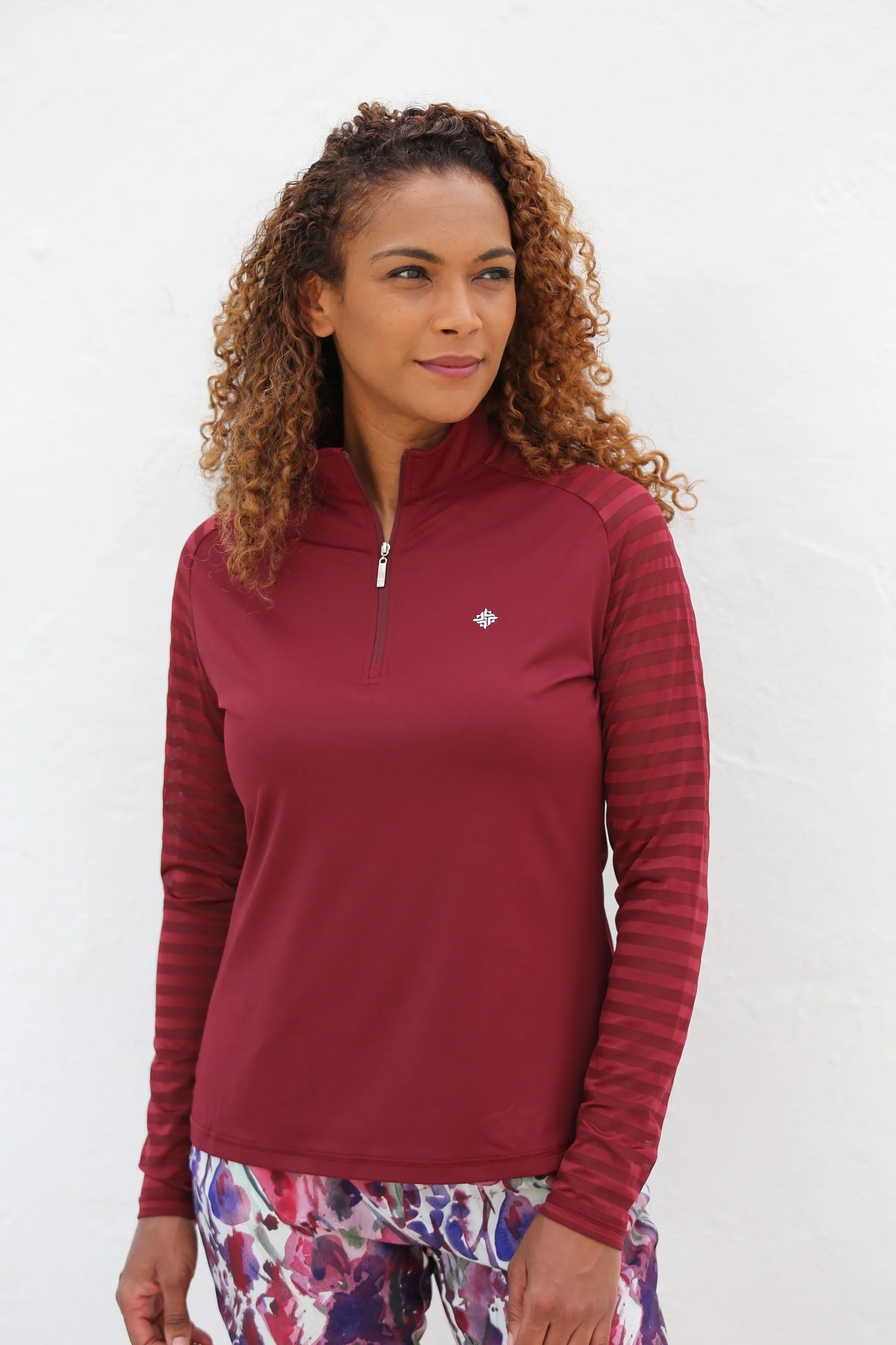 Ladder Design / Sheer Long Sleeve Golf Shirt - Claret
