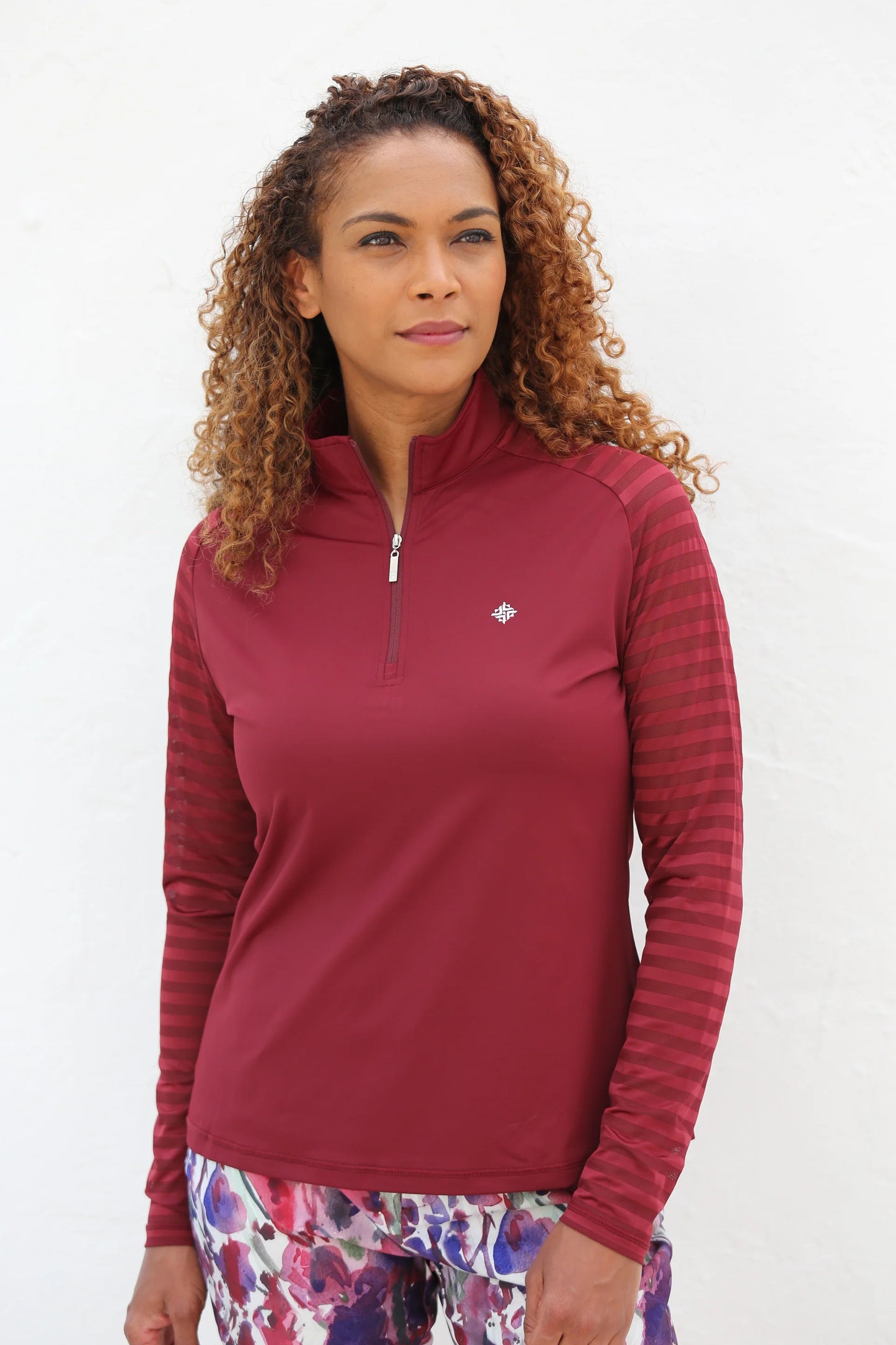 Ladder Design / Sheer Long Sleeve Golf Shirt - Claret