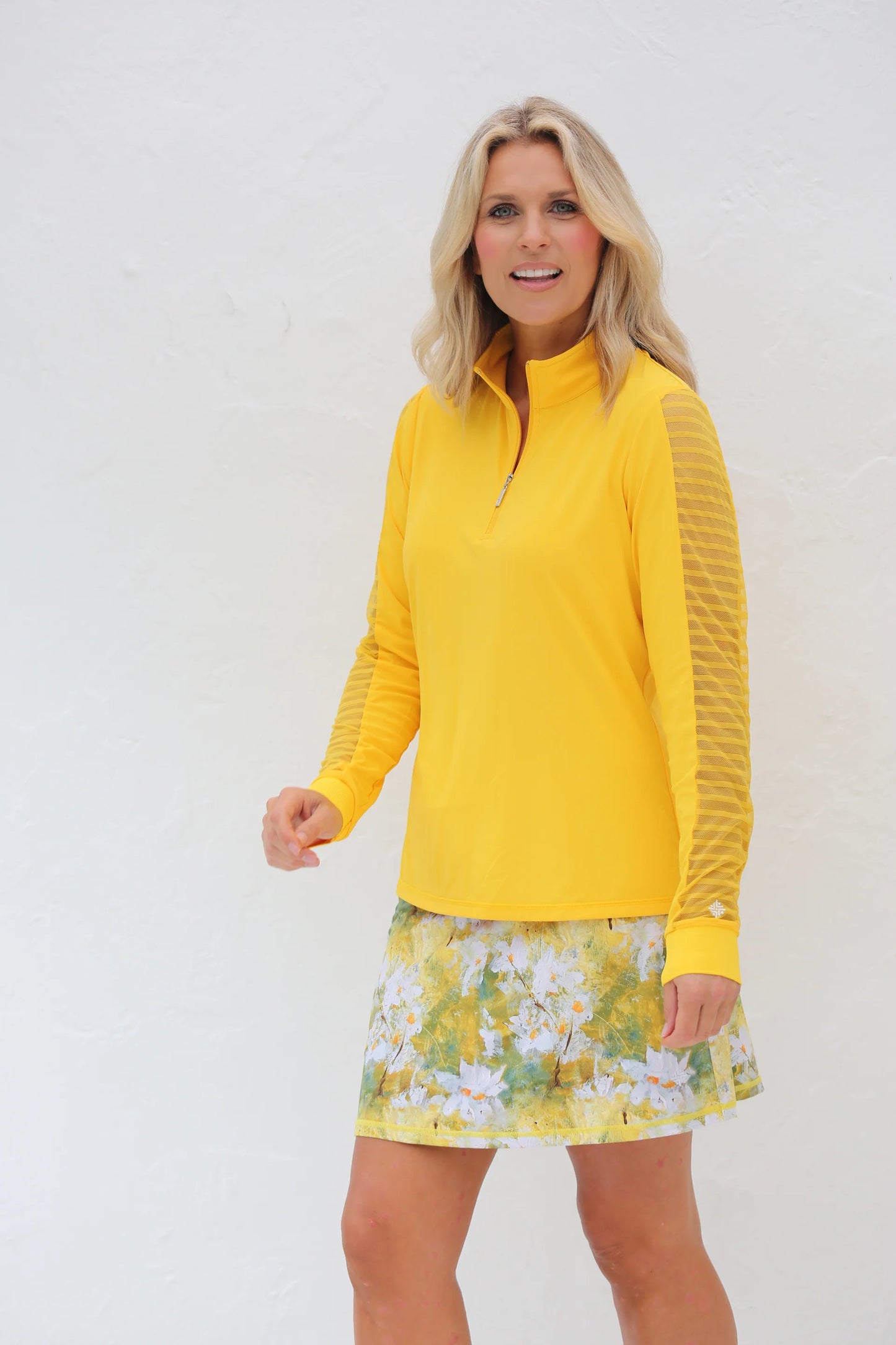 Ladder Design / Sheer Long Sleeve Golf Shirt - Marigolds