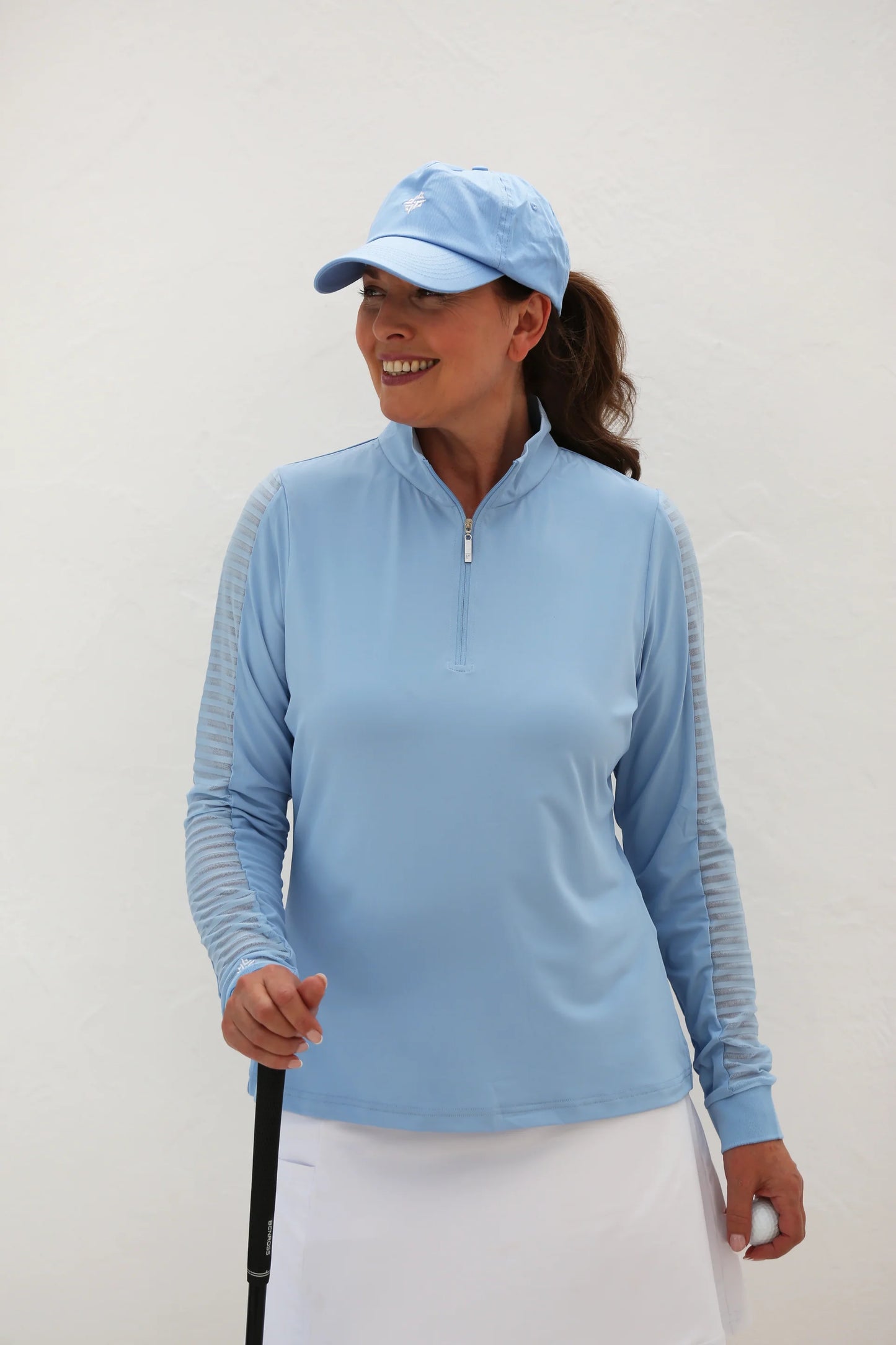Ladder Design / Sheer Long Sleeve Golf Shirt - Sky Blue