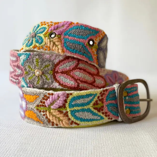 Folklorica Floral Embroidered Wool Belt - Cream