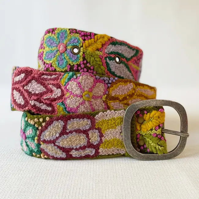 Folklorica Floral Embroidered Wool Belt - Olive