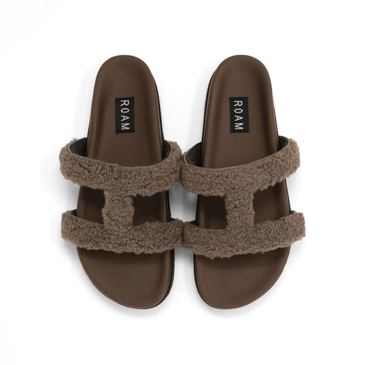 FUZZY CUFFS SANDAL FAUX SHEARLING - TAUPE