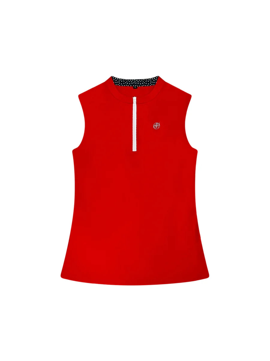 SUSANNA CROSS BACK POLO IN RED – LUXURY SLEEVELESS MOCK POLO- GOLF, TENNIS, & PICKLEBALL