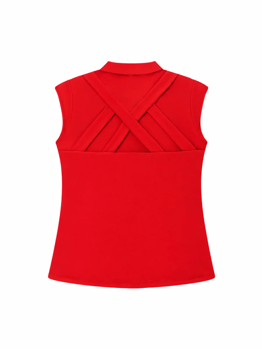 SUSANNA CROSS BACK POLO IN RED – LUXURY SLEEVELESS MOCK POLO- GOLF, TENNIS, & PICKLEBALL