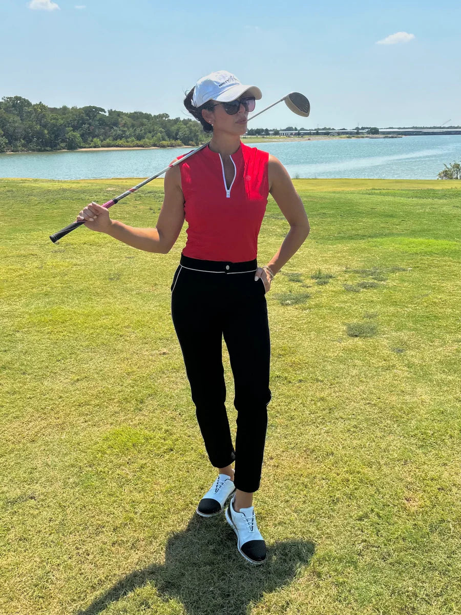SUSANNA CROSS BACK POLO IN RED – LUXURY SLEEVELESS MOCK POLO- GOLF, TENNIS, & PICKLEBALL