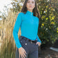 Long Sleeve Shirred Shoulder Turquoise 1/4 Zip