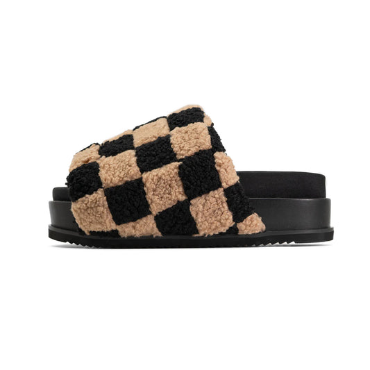 FUZZY CHECKER STACK PLATFORM - BLACK & BEIGE FAUX SHEARLING