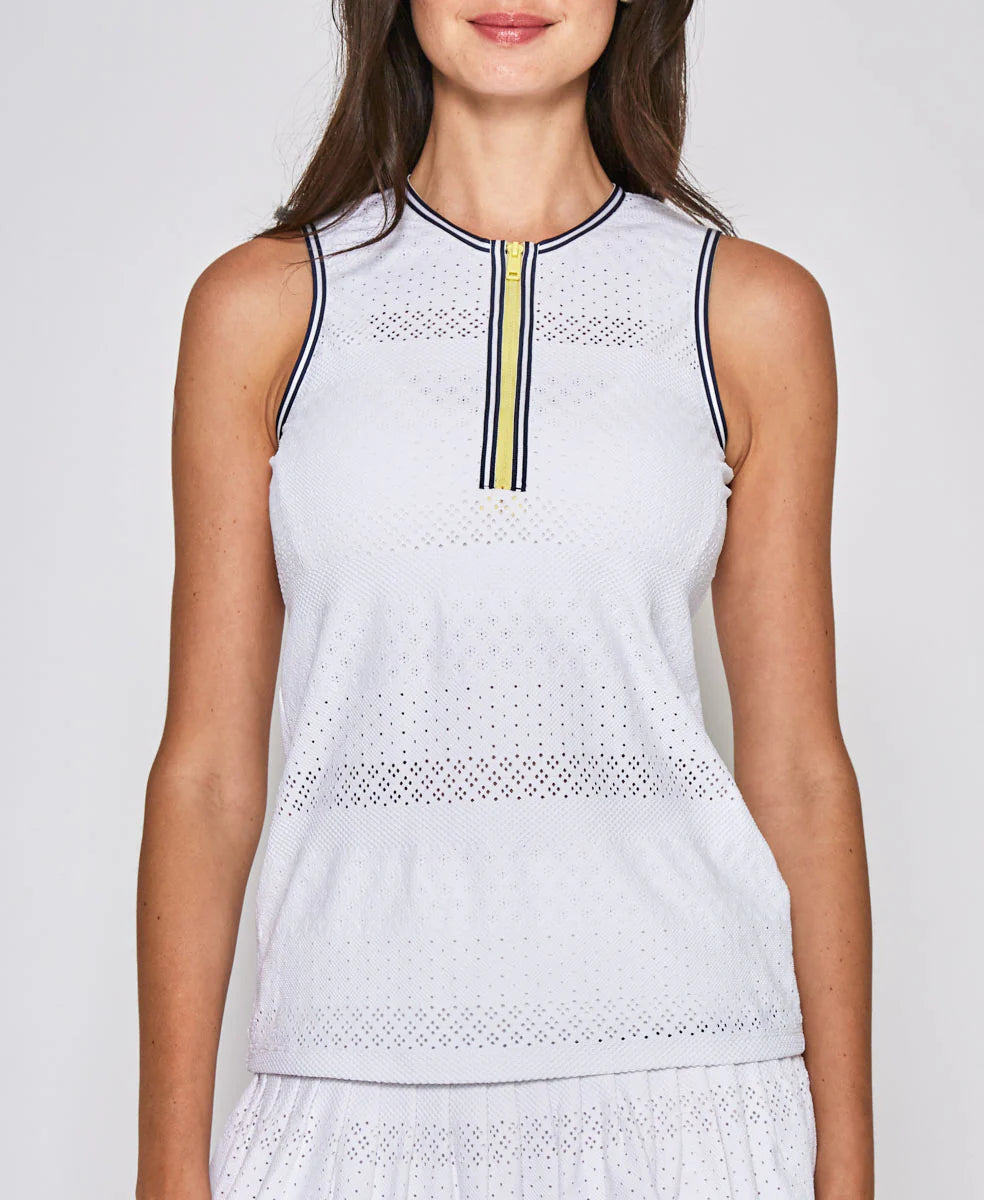Zip Front Tank in White with Navy and Yellow Trim
