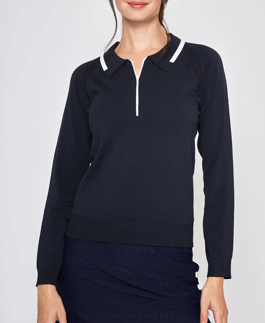 Zip Front Knit Long Sleeve Polo in Navy with White Trim