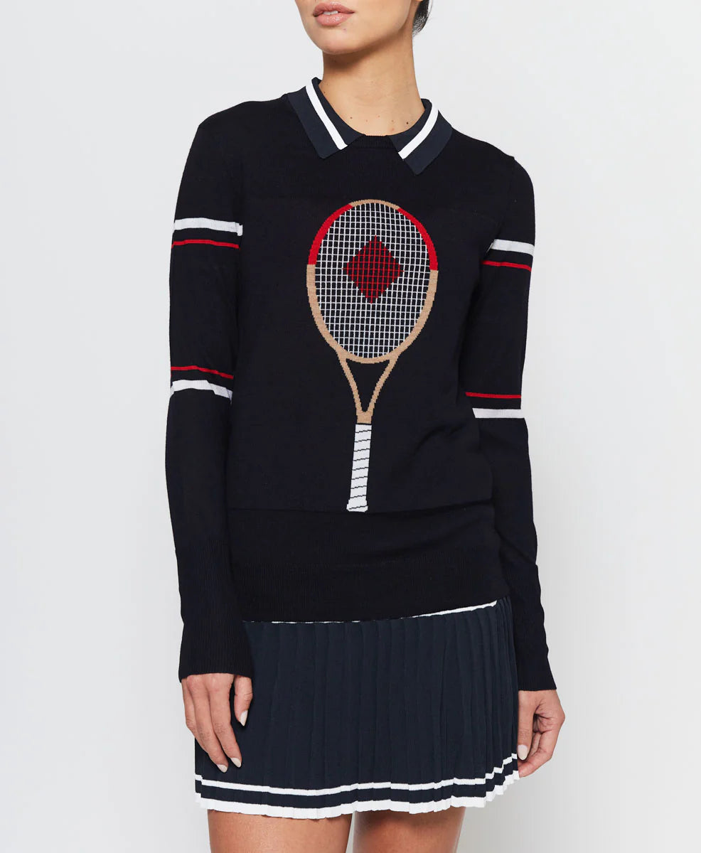 Racquet Sweater in Navy with Red & White