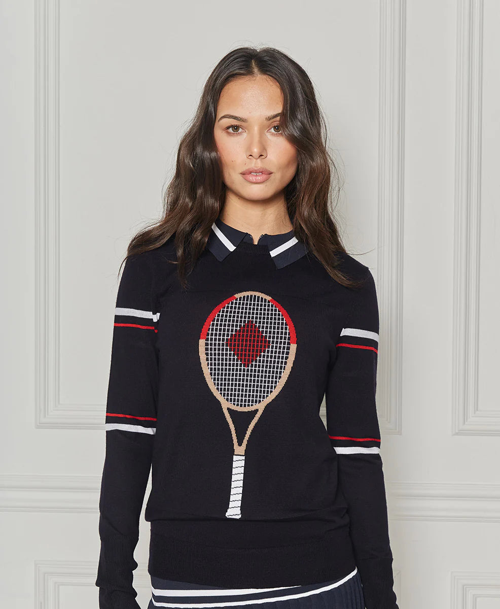 Racquet Sweater in Navy with Red & White