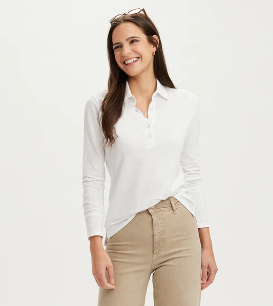 Long Sleeve Pique Polo - White