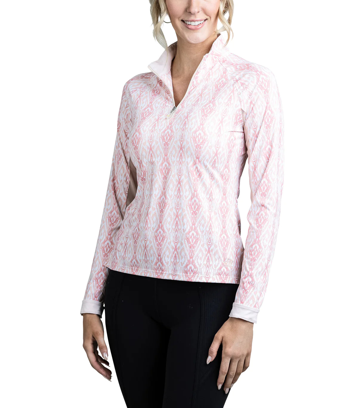 Long Sleeve Coral Ikat All Over Print 1/4 Zip