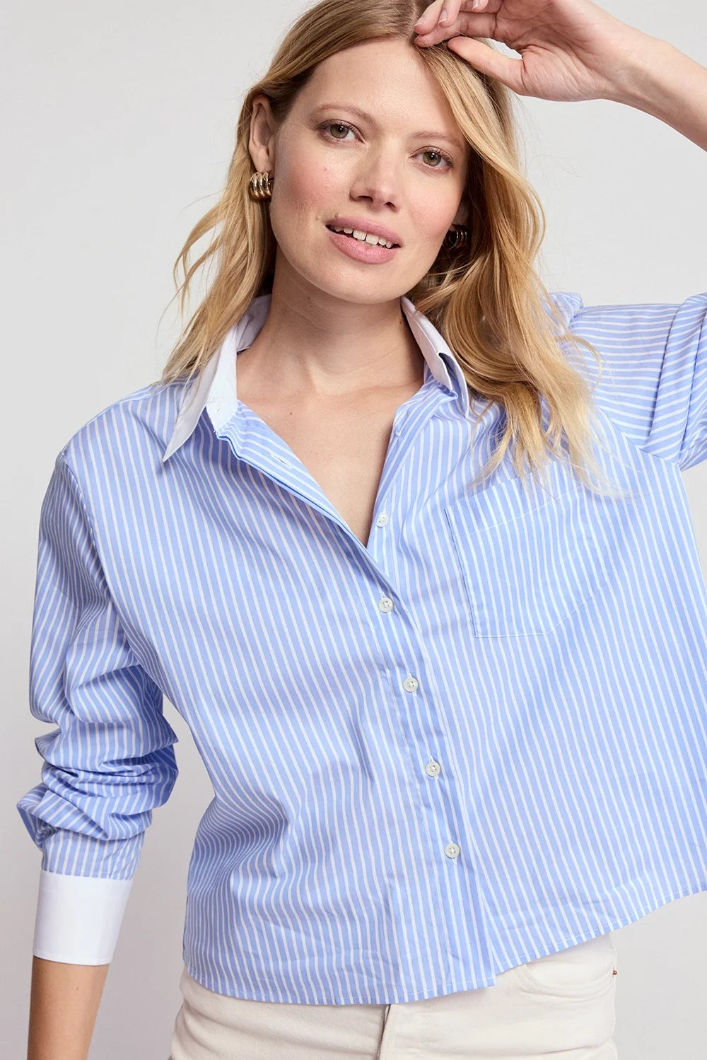 The Long Sleeve Boxy Crop - Blue Stripe/White Collar