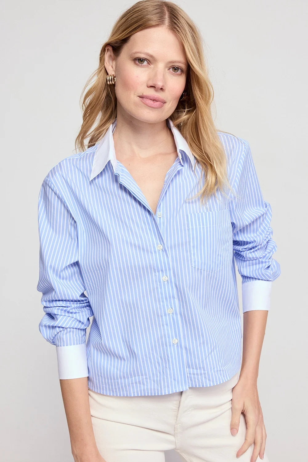 The Long Sleeve Boxy Crop - Blue Stripe/White Collar