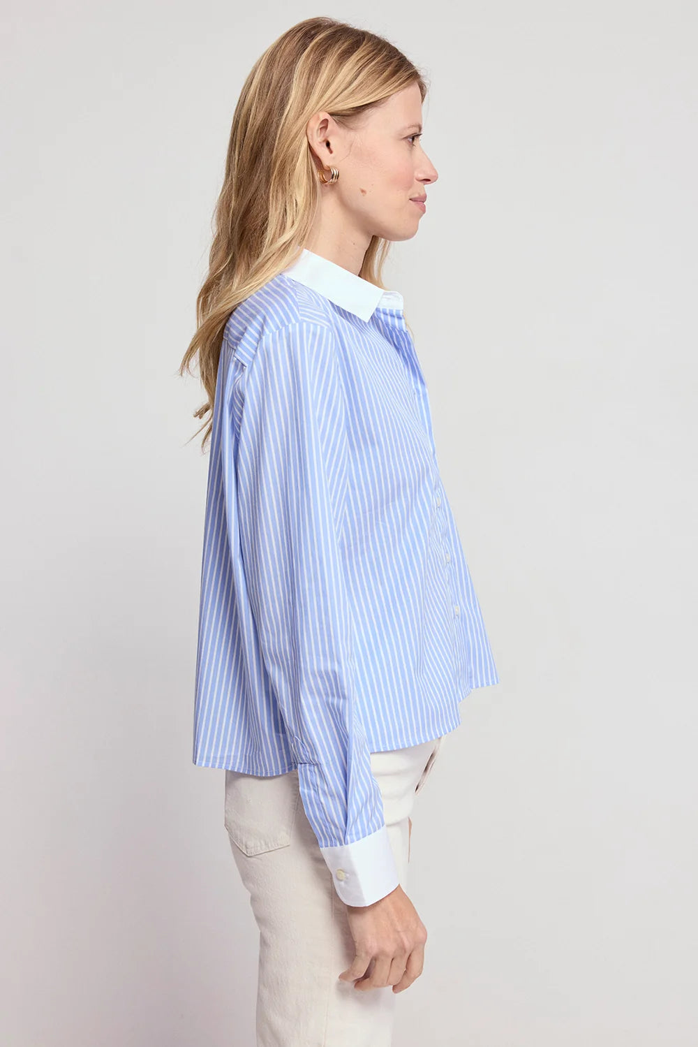 The Long Sleeve Boxy Crop - Blue Stripe/White Collar