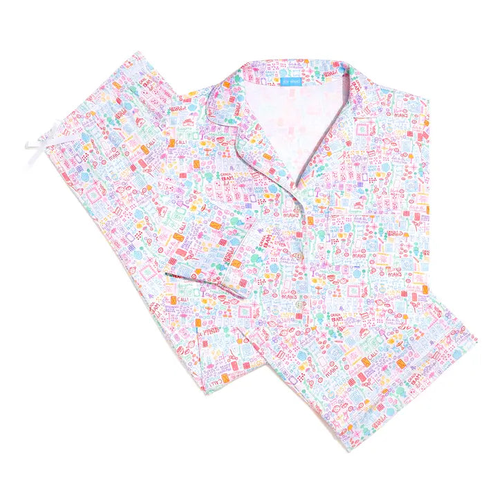 Mahjong Women’s Button Front Long Pajama Set