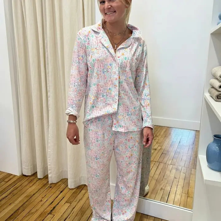 Mahjong Women’s Button Front Long Pajama Set