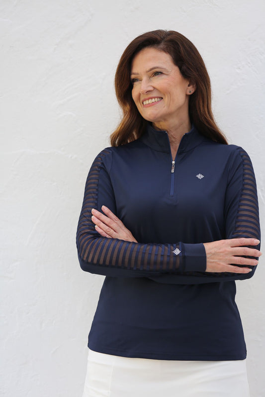 Navy - Women's Sheer Long Sleeve Golf Shirt (Ladder Design)