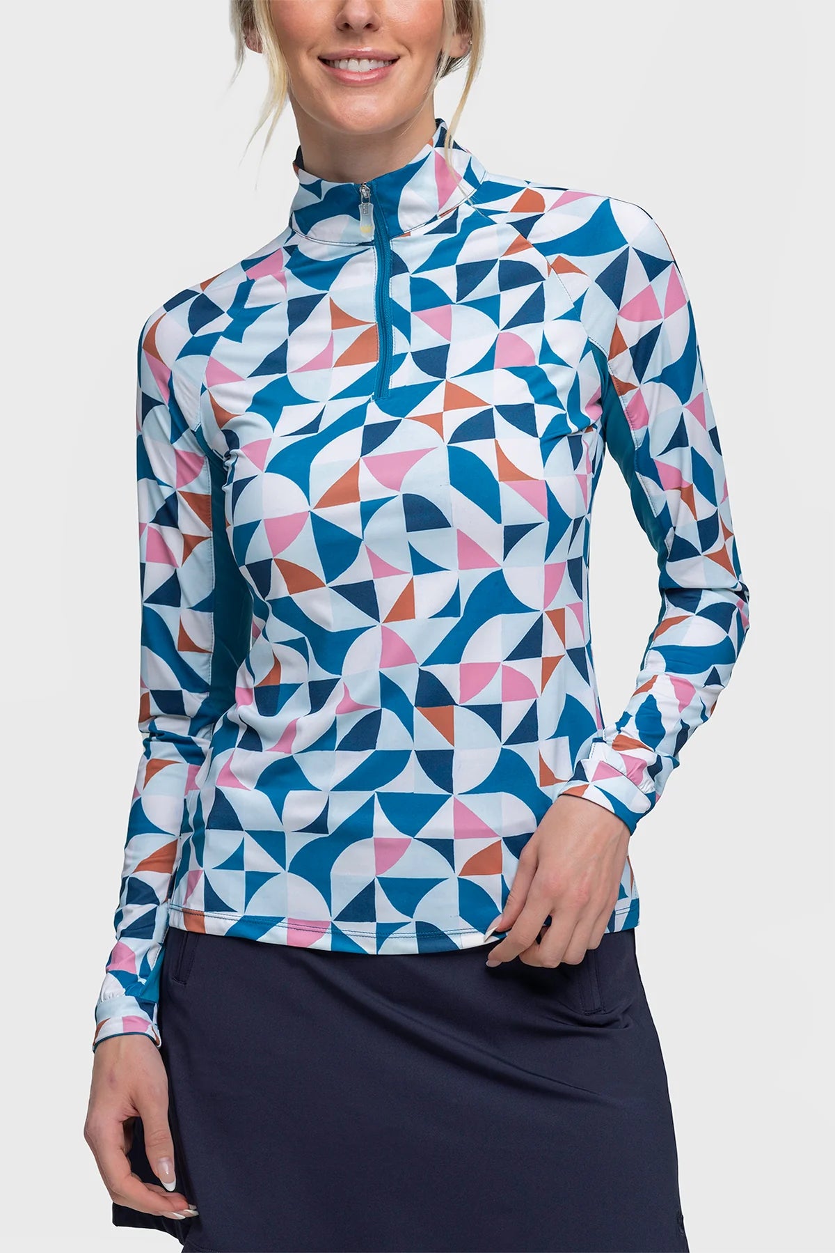 1/4 Zip Long Sleeve - Turquoise Painterly Geometric