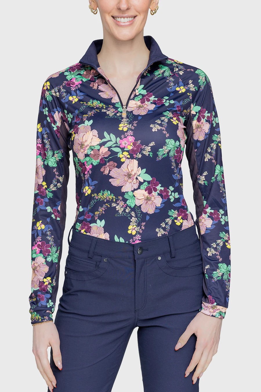 1/4 Zip Long Sleeve Shirt - Navy Lush Garden