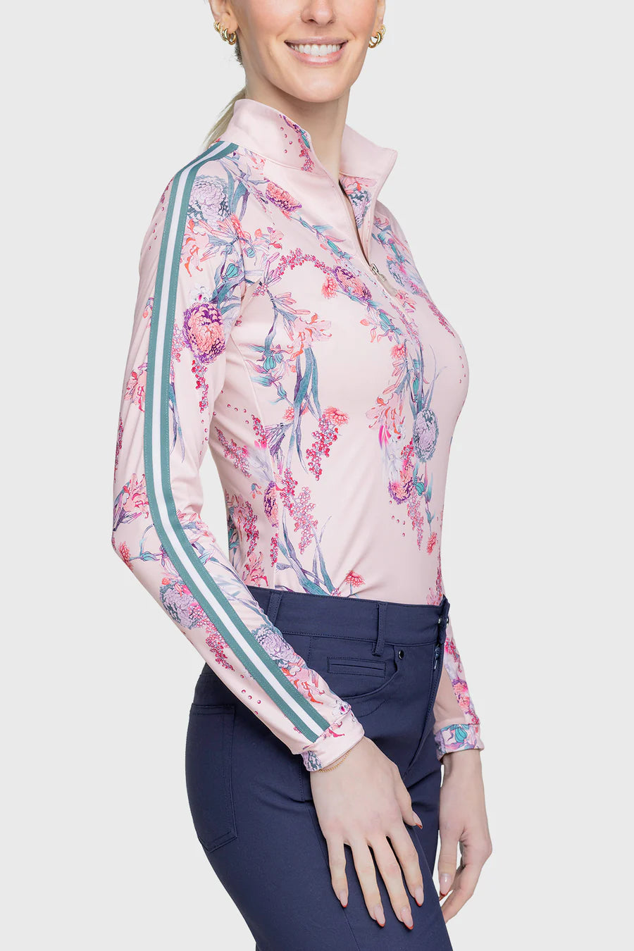 1/4 Zip Long Sleeve Shirt w/Striped Trim - Pink Tea Garden