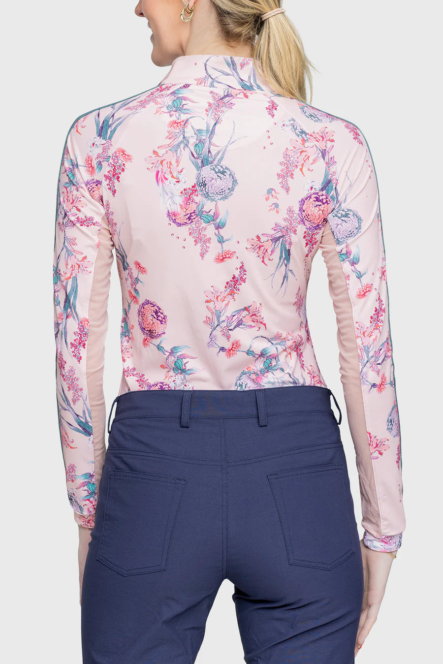 1/4 Zip Long Sleeve Shirt w/Striped Trim - Pink Tea Garden