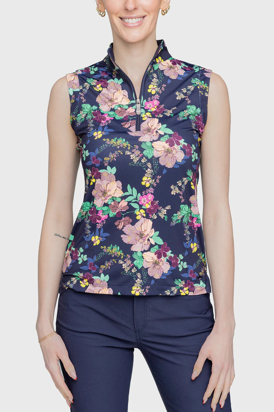 Navy Lush Garden Ruched Back Sleeveless 1/4 Zip Shirt