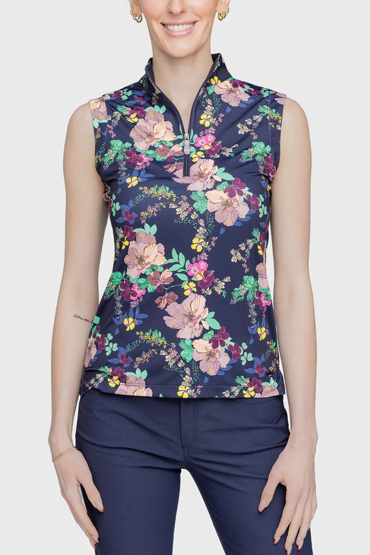 Navy Lush Garden Ruched Back Sleeveless 1/4 Zip Shirt