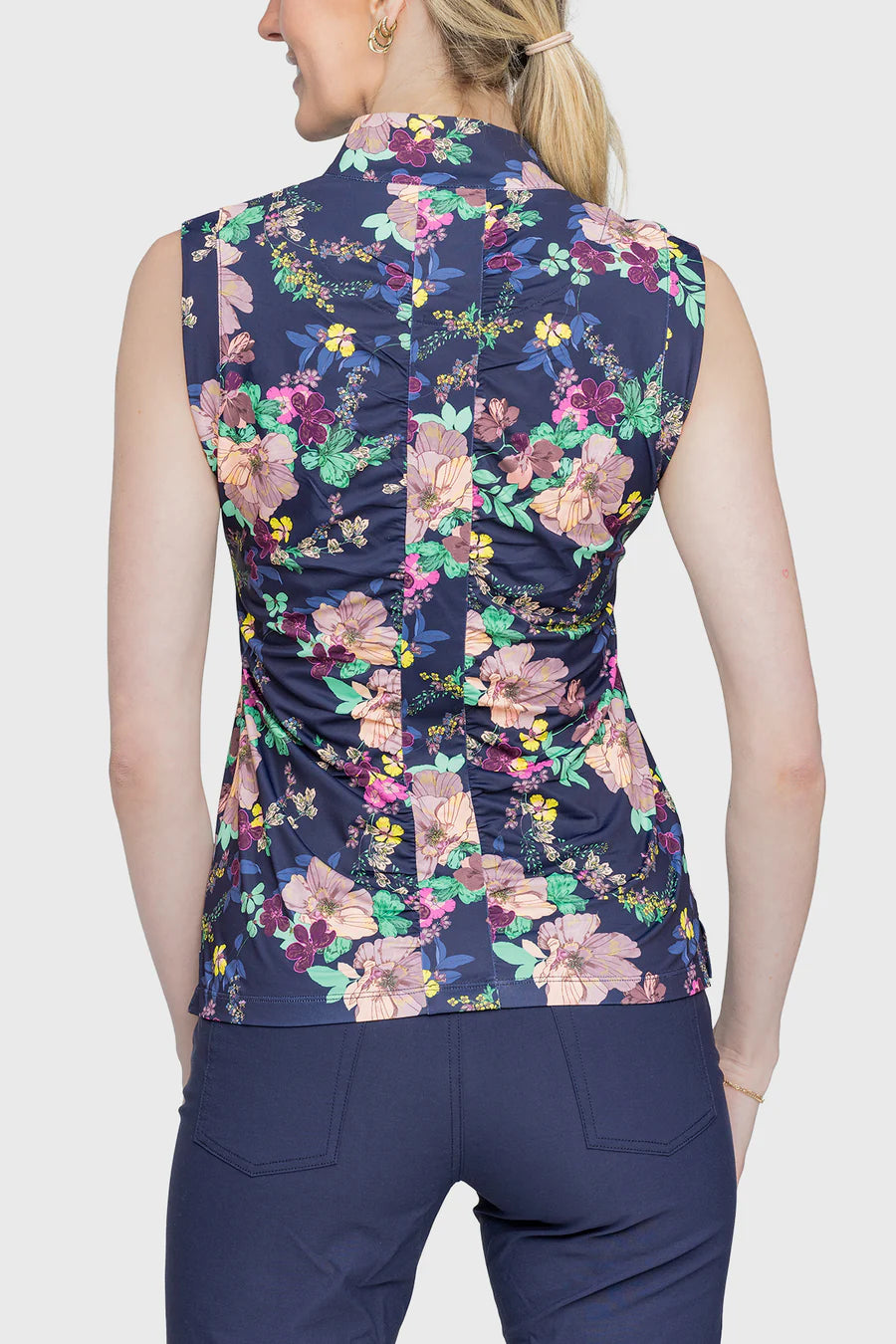 Navy Lush Garden Ruched Back Sleeveless 1/4 Zip Shirt