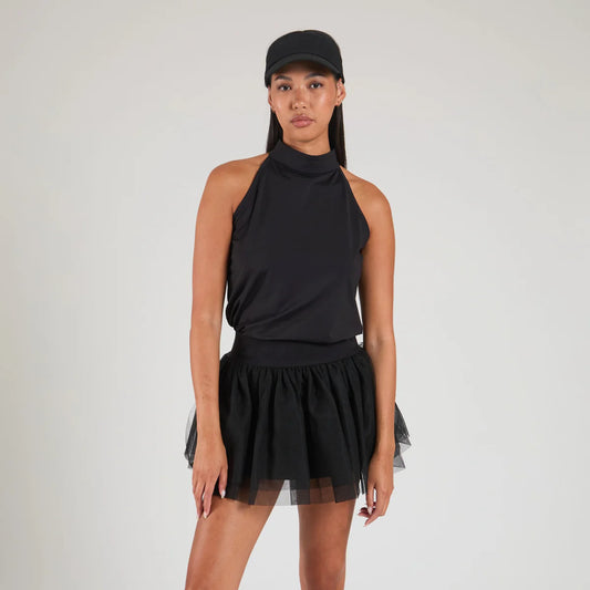 Sofia Mock-Neck Tennis Top - Black