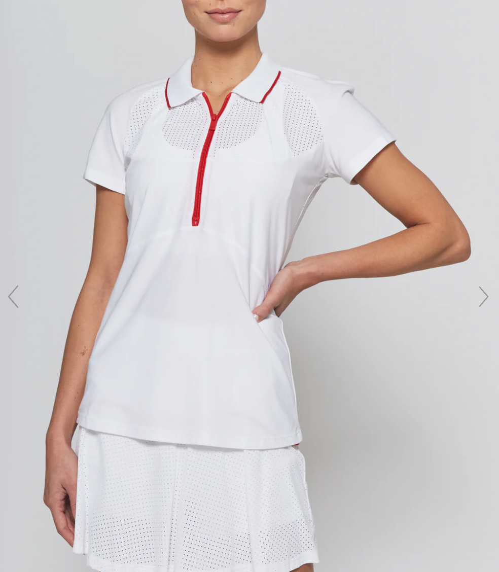 Mesh Zip Performance Polo in White with Red Trim