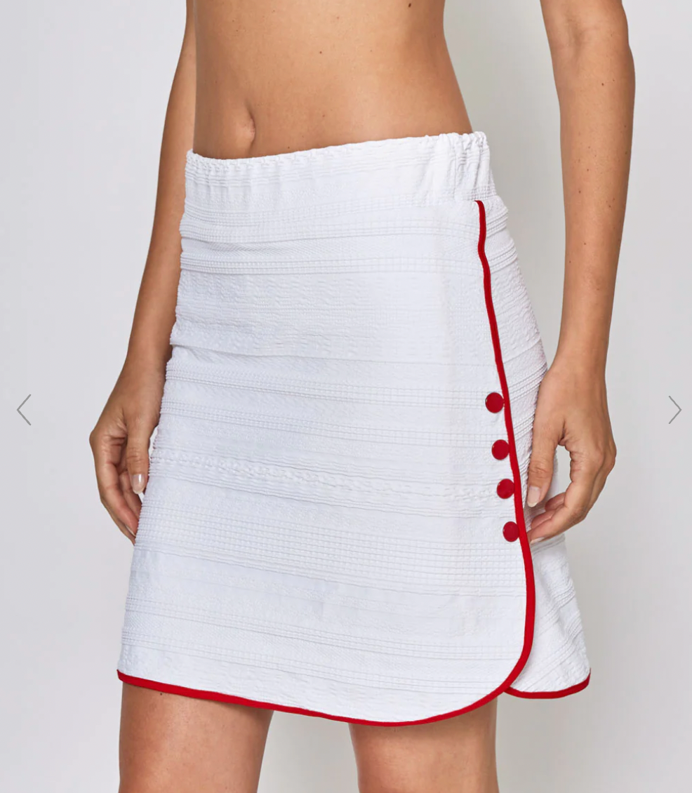SIDE SNAP SKORT IN WHITE LACE WITH RED TRIM
