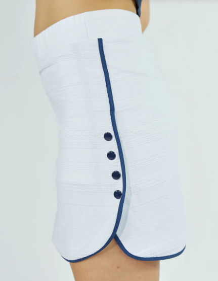 Side Snap Skort in White Lace with Navy Trim
