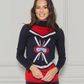 Mock Neck Ski Sweater in Navy with Red & White
