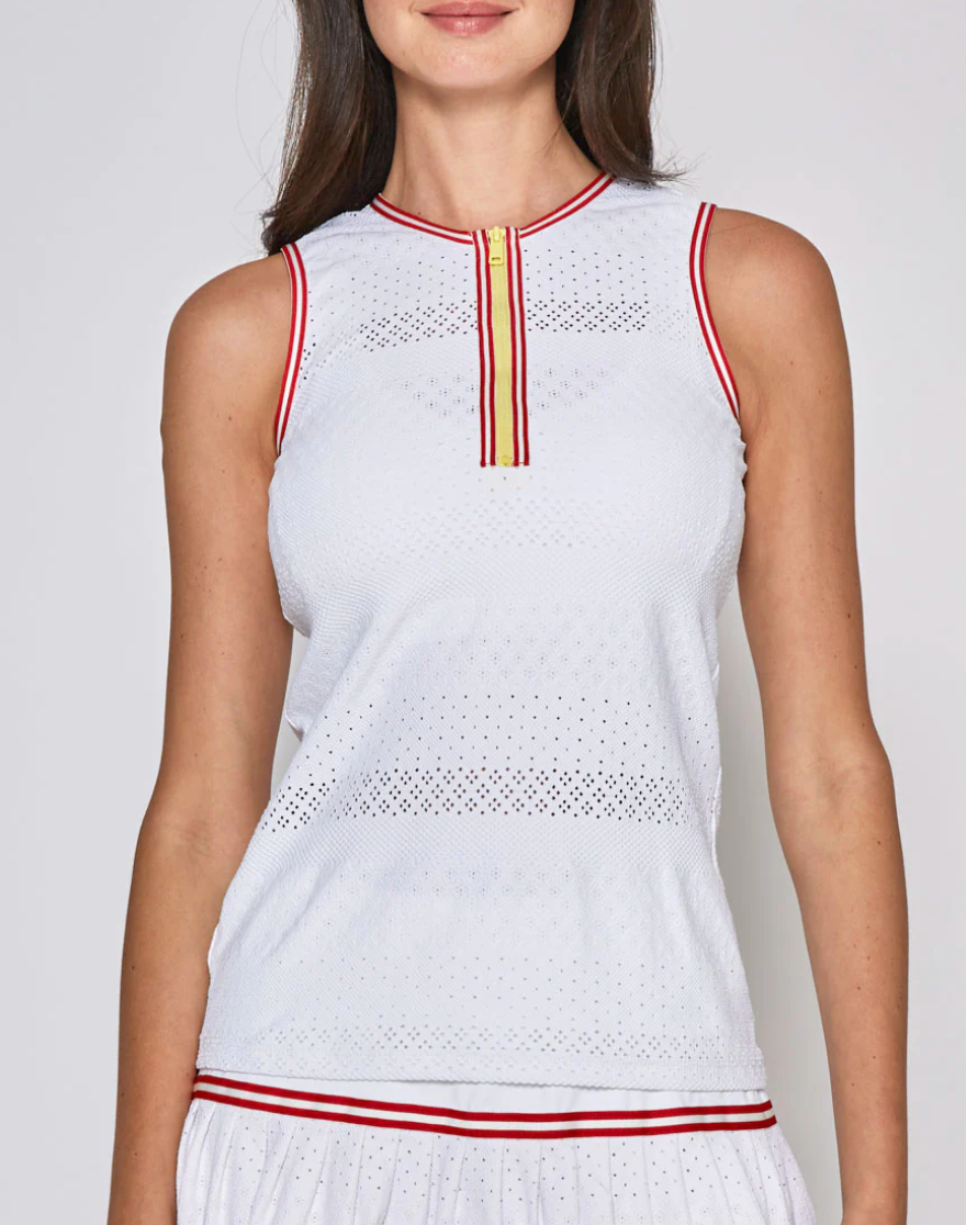 Zip Front Tank in White with Red and Yellow Trim