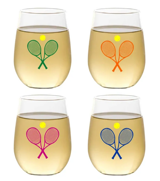 Tennis Themed Unbreakable Stemless Tritan Plastic Wine Glasses (Set of 4)