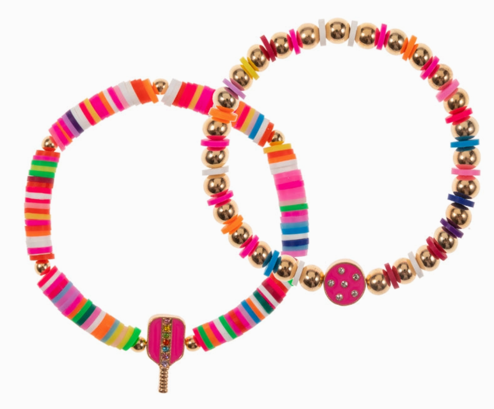 Hot Pink Sports Pickleball Enamel Rubber Beads Stretch Bracelet