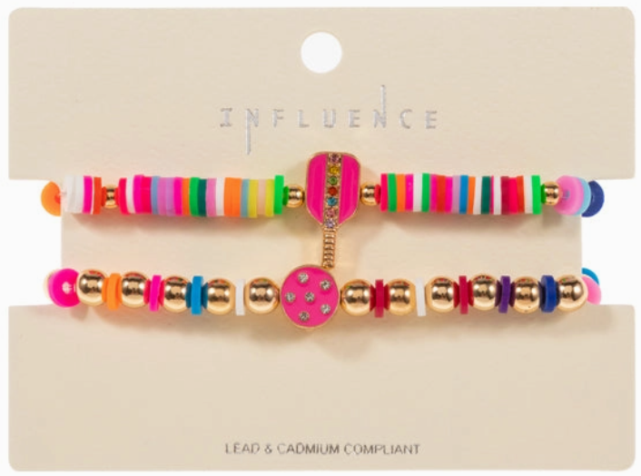 Hot Pink Sports Pickleball Enamel Rubber Beads Stretch Bracelet