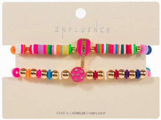 Hot Pink Sports Pickleball Enamel Rubber Beads Stretch Bracelet