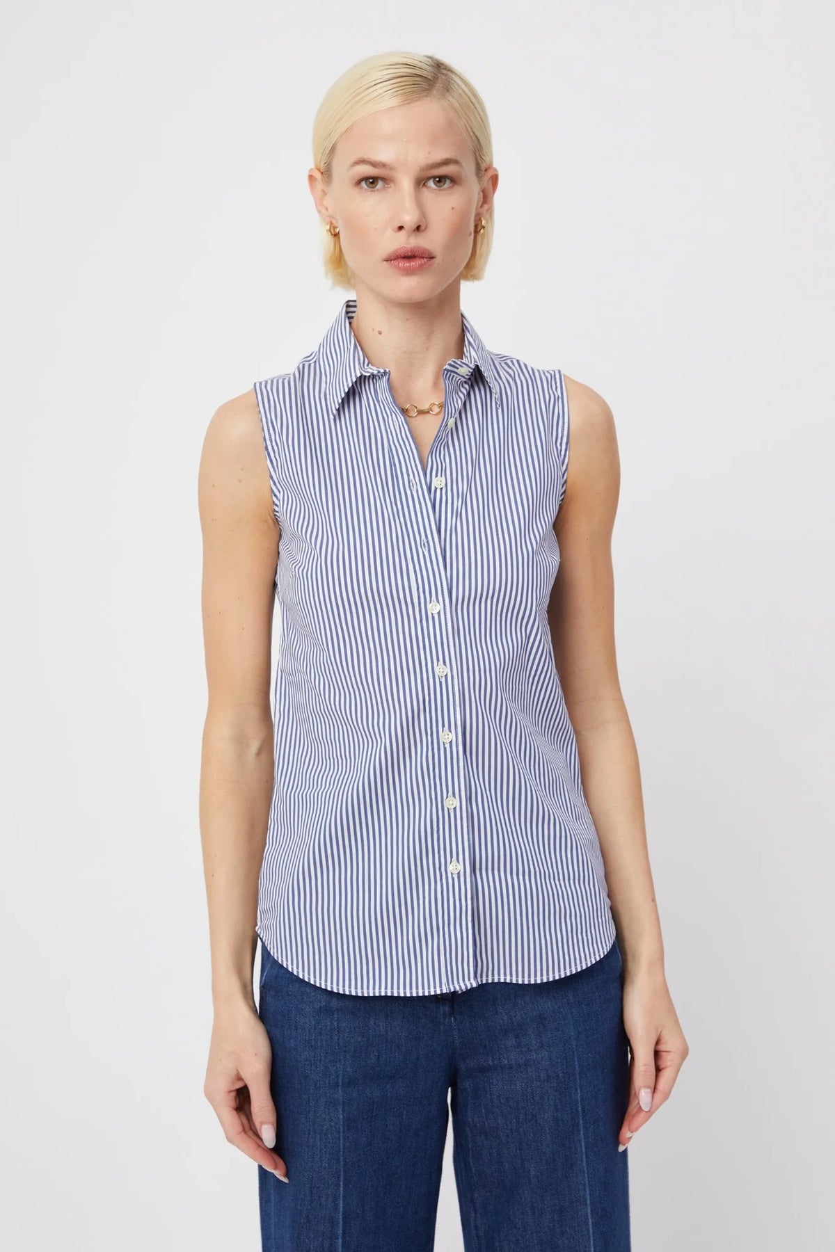 The Sleeveless Shirt - Blue and White Stripe