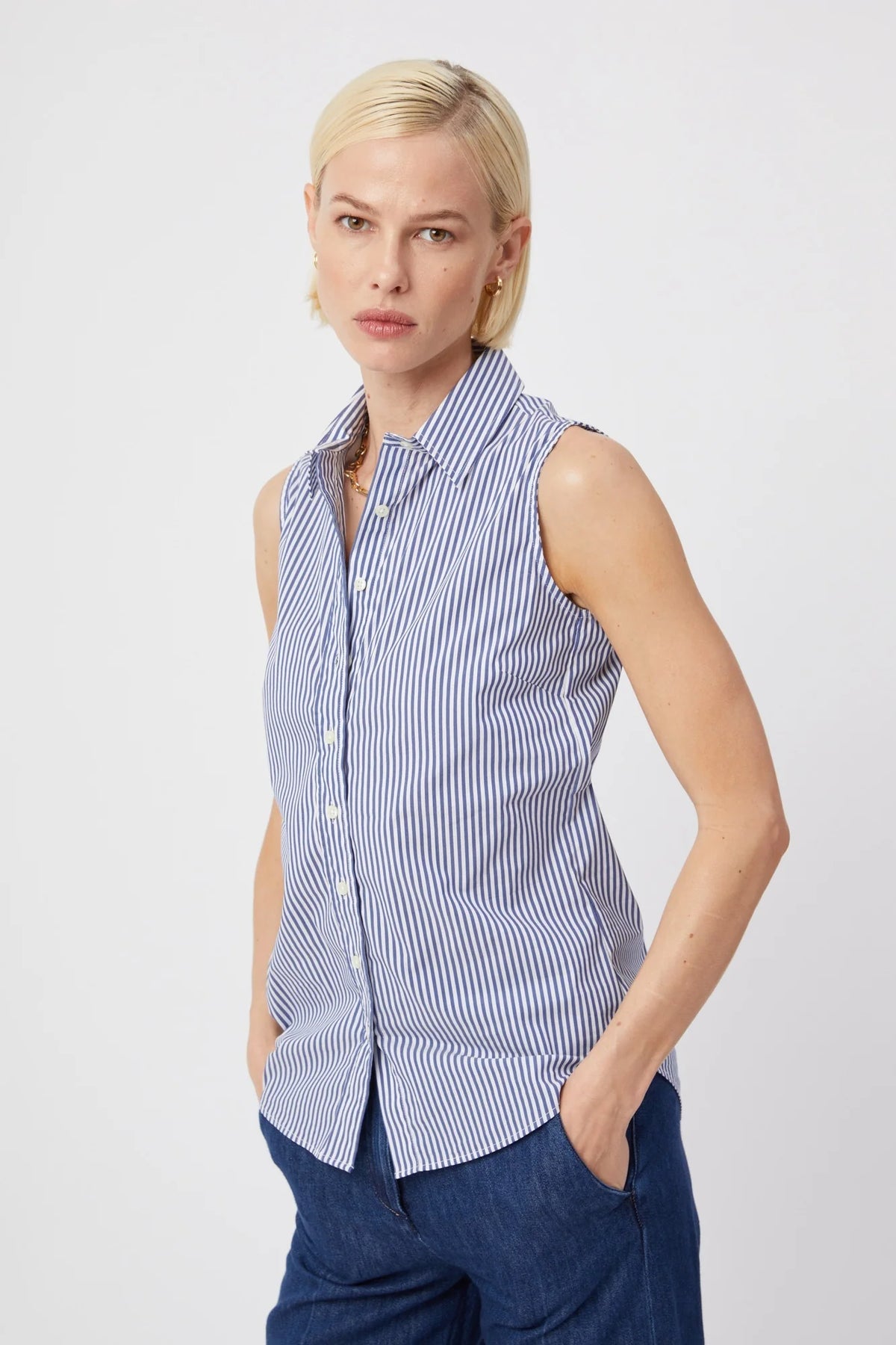 The Sleeveless Shirt - Blue and White Stripe