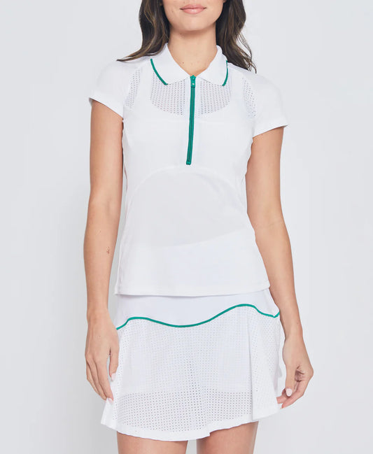 Mesh Zip Performance Polo in White with Green Trim