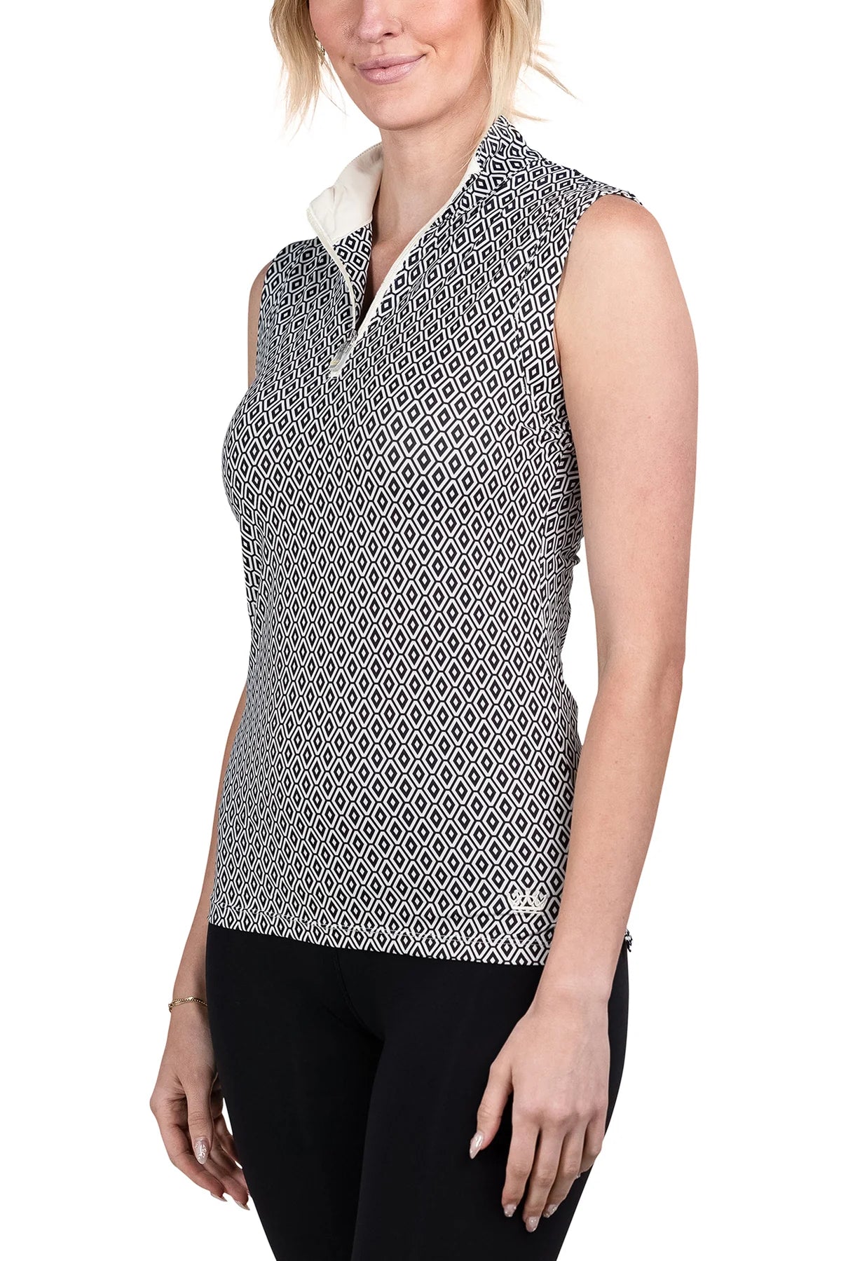 1/4 Zip Sleeveless Ruched Back Tank - Black & White Geo