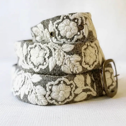 Two-Tone Embroidered Wool Belt - Heather/Cream