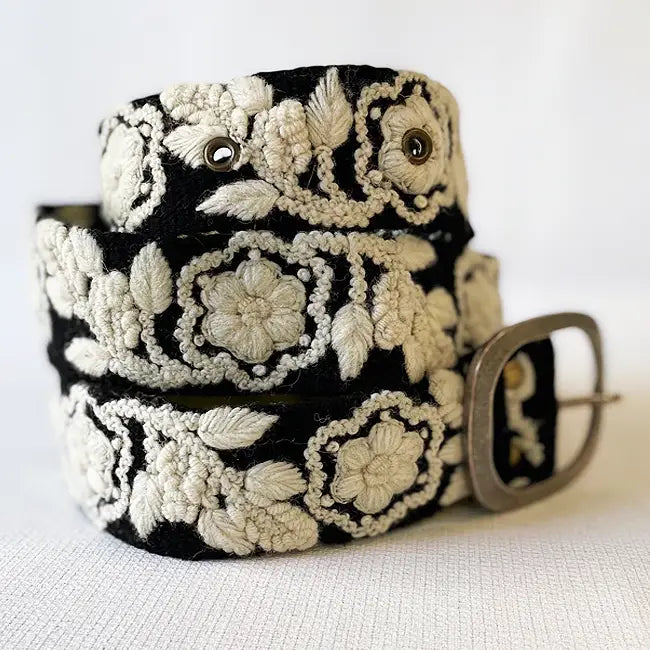 Two-Tone Embroidered Wool Belt - Black/Cream