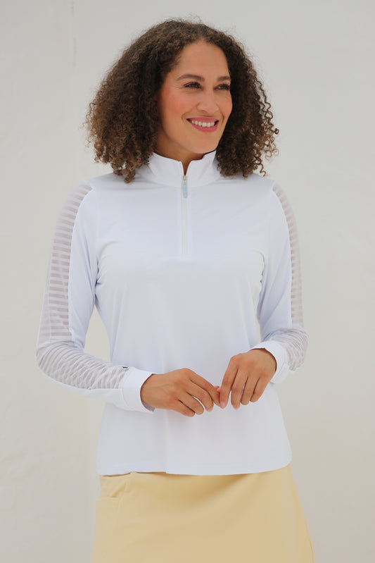 Crystal White - Women's Sheer Long Sleeve Golf Shirt (Ladder Design)